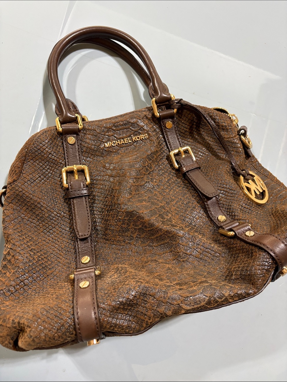 Michael Kors Brown Snake-Embossed Leather Satchel with Gold Hardware